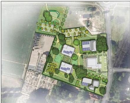 Schetsontwerp is geplaats in een luchtfoto van het gebied.