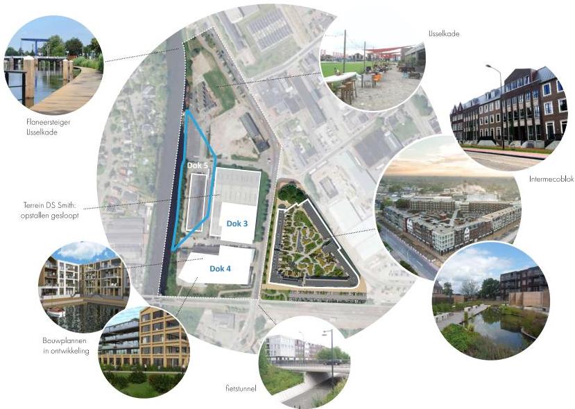 Een kaart van de gebiedsontwikkeling Iseldoks in Doetinchem, omringd door referentiefoto's en impressies van architectuur, openbare ruimte en waterkant. De kaart markeert specifieke bouwblokken zoals Dok 3, 4 en 5 langs de Oude IJssel